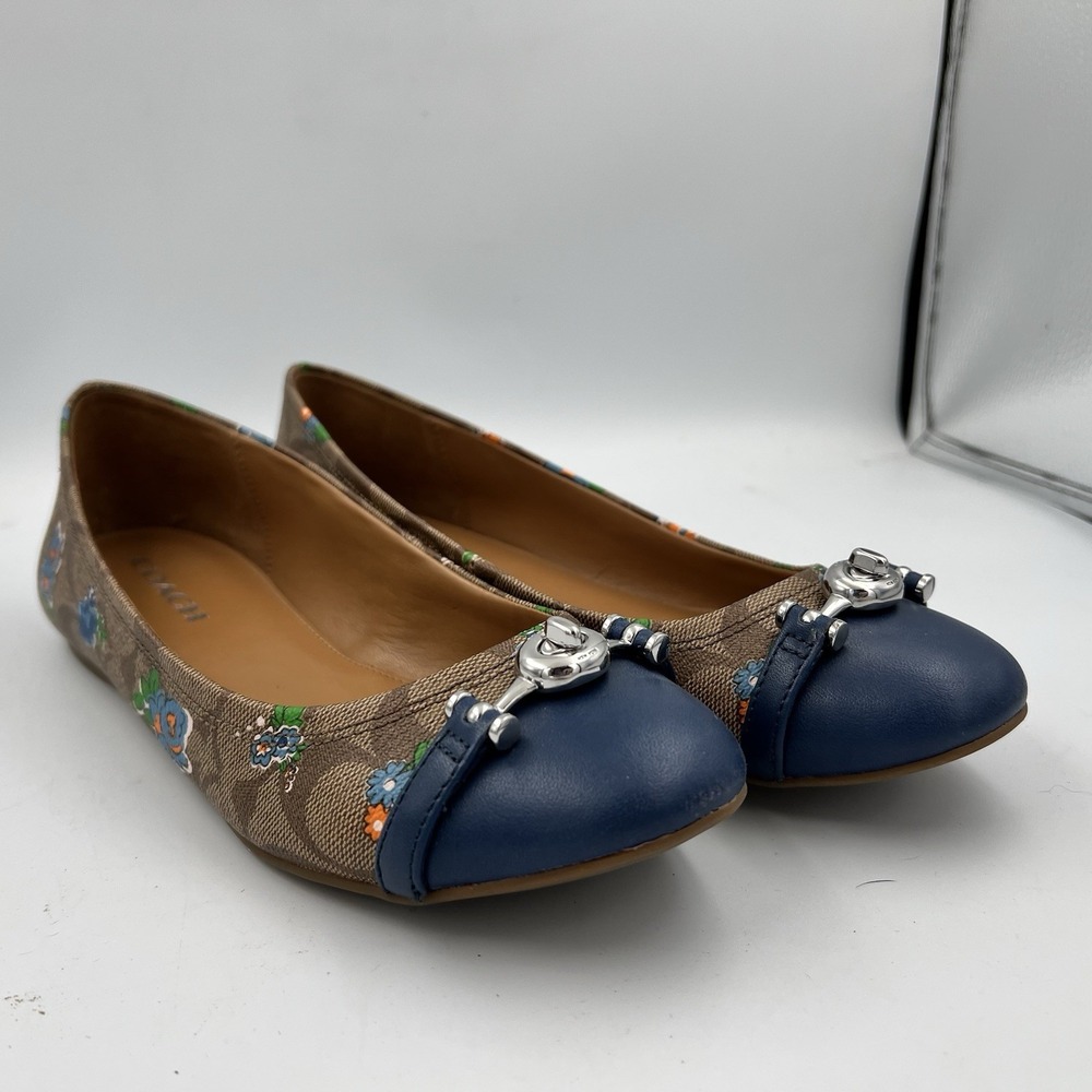 Coach Leila Posey Monogram Ballet Flats Women's 8.5 Leather Floral Khaki Blue
